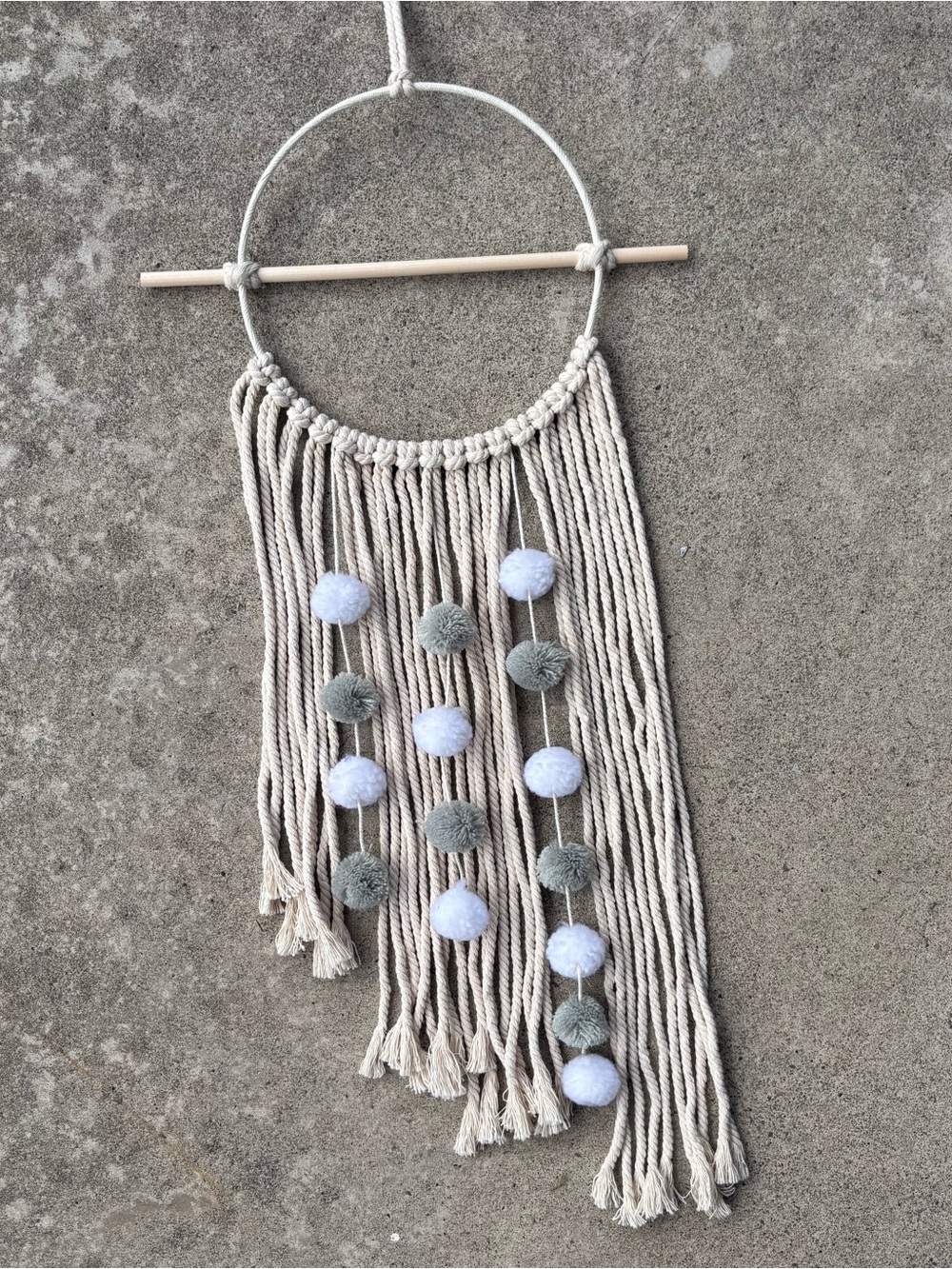 Boho Neutral Macramé Wall Hanging with White and Gray Pom Poms